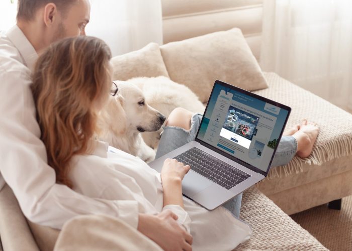 Contented big white dog sits on the sofa against the background of its blurred owners of a young girl and a guy searching the Internet at a veterinary clinic