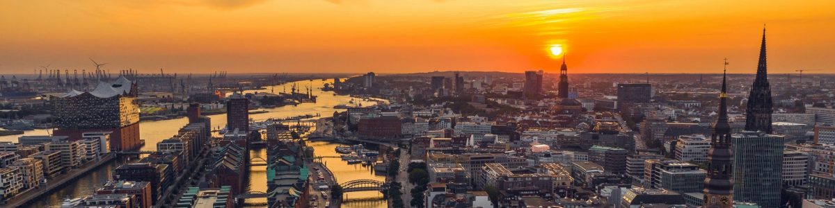 Cityscape of Hamburg before sunset. Aerial view